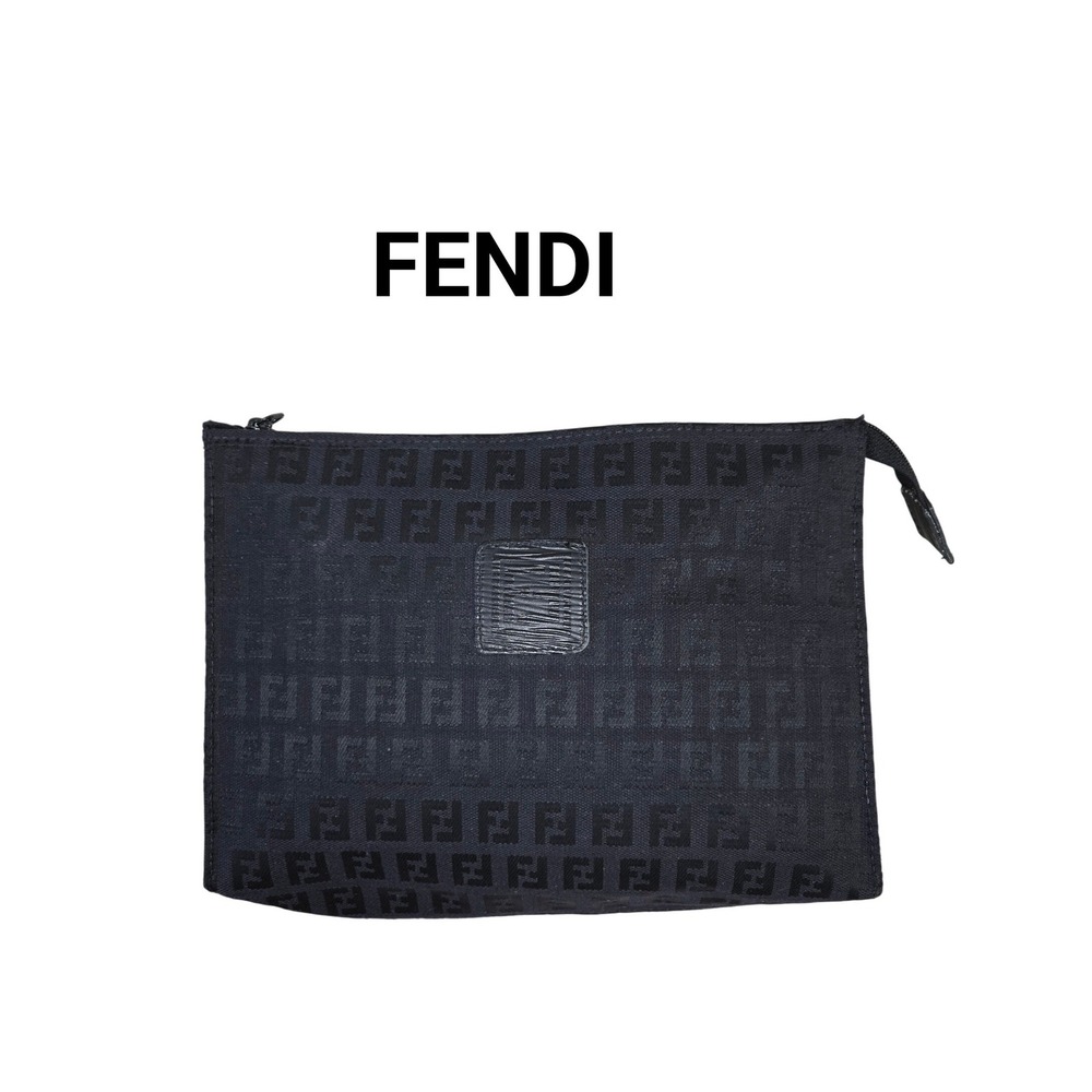 Fendi Zucca Monogram Canvas Pouch Black Zippy Cosmetic Bag Clutch